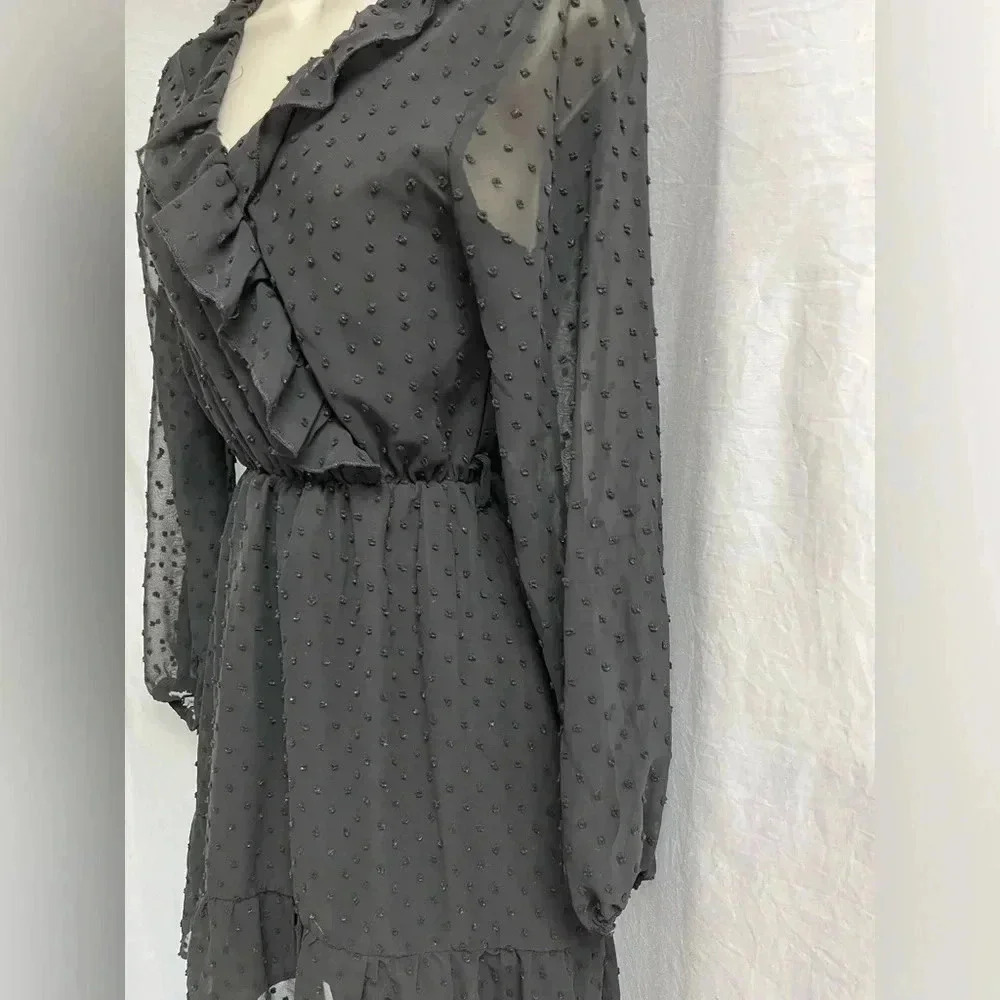 SHEIN Black Swiss Dot Ruffle Mini Dress 🖤✨ XS • Chic • Flowy • Long Sleeve - Picture 4 of 6